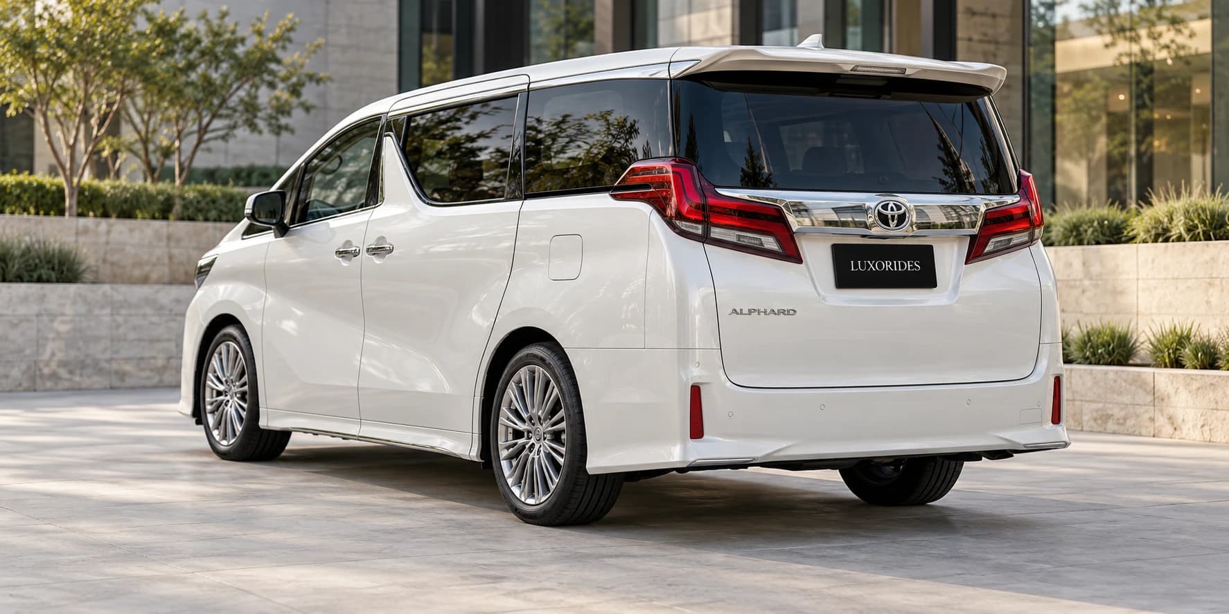White Toyota Alphard on rent from Luxorides